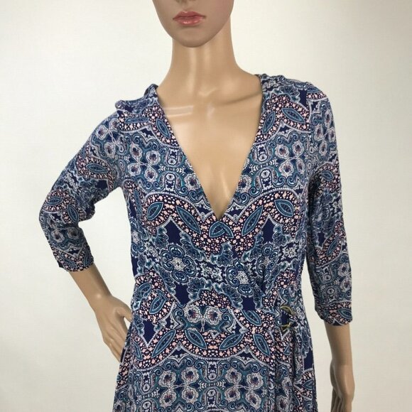EXPRESS Boho Paisley Print Long Sleeve Belted V-Neck‎ Mini A-line Dress 70s - Picture 2 of 7